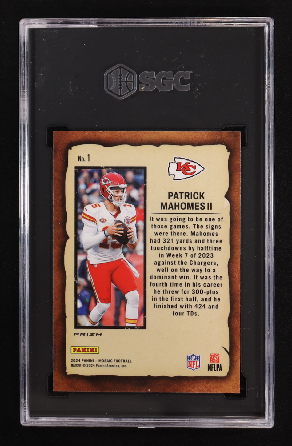 Patrick Mahomes II 2024 Panini Mosaic Notoriety Mosaic Green #1 (SGC 10) at PristineAuction.com Patrick Mahomes II 2024 Panini Mosaic Notoriety Mosaic Green #1 (SGC 10) at PristineAuction.com