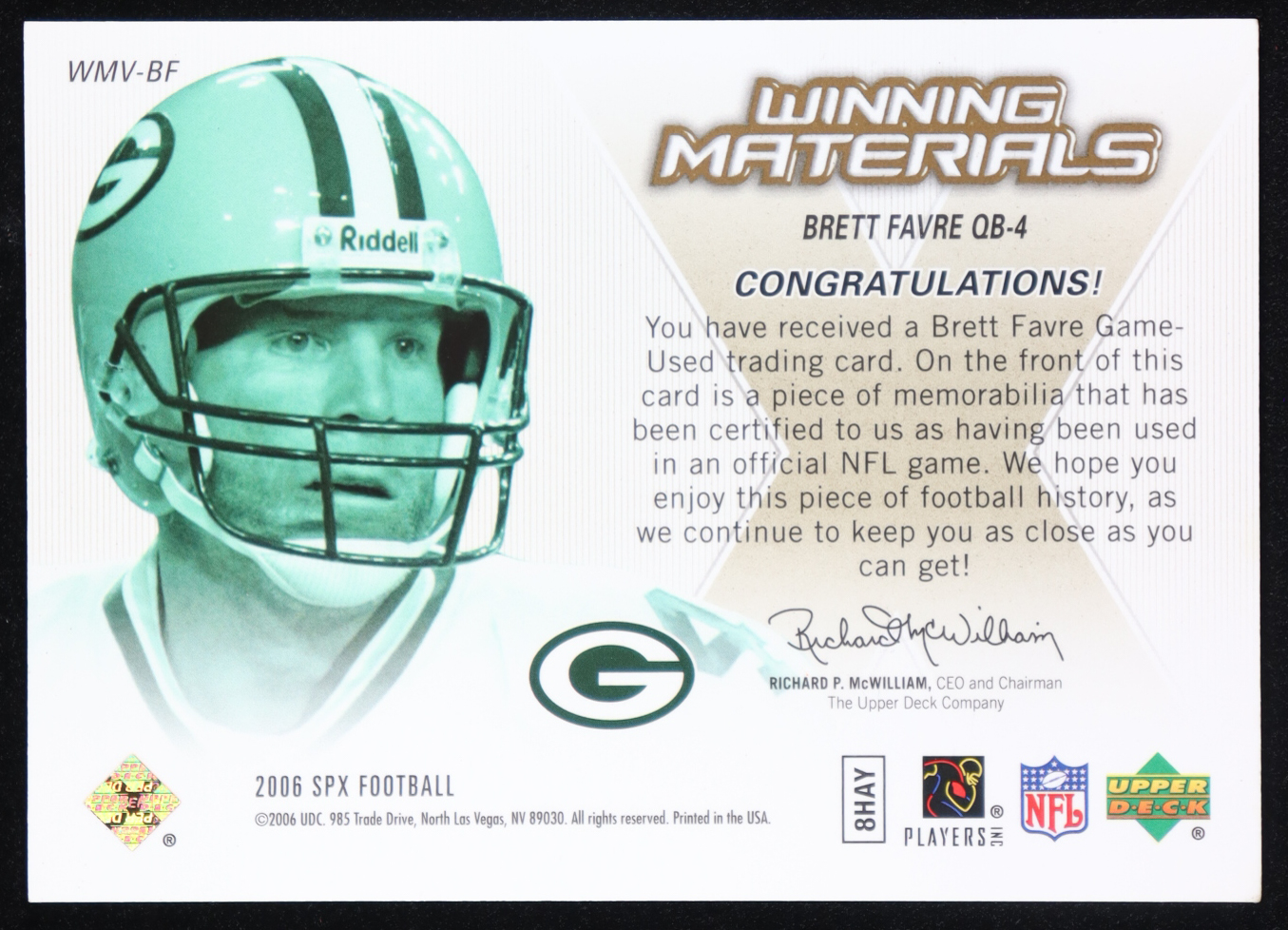Brett Favre 2006 SPx Winning Materials #WMVBF at PristineAuction.com Brett Favre 2006 SPx Winning Materials #WMVBF at PristineAuction.com