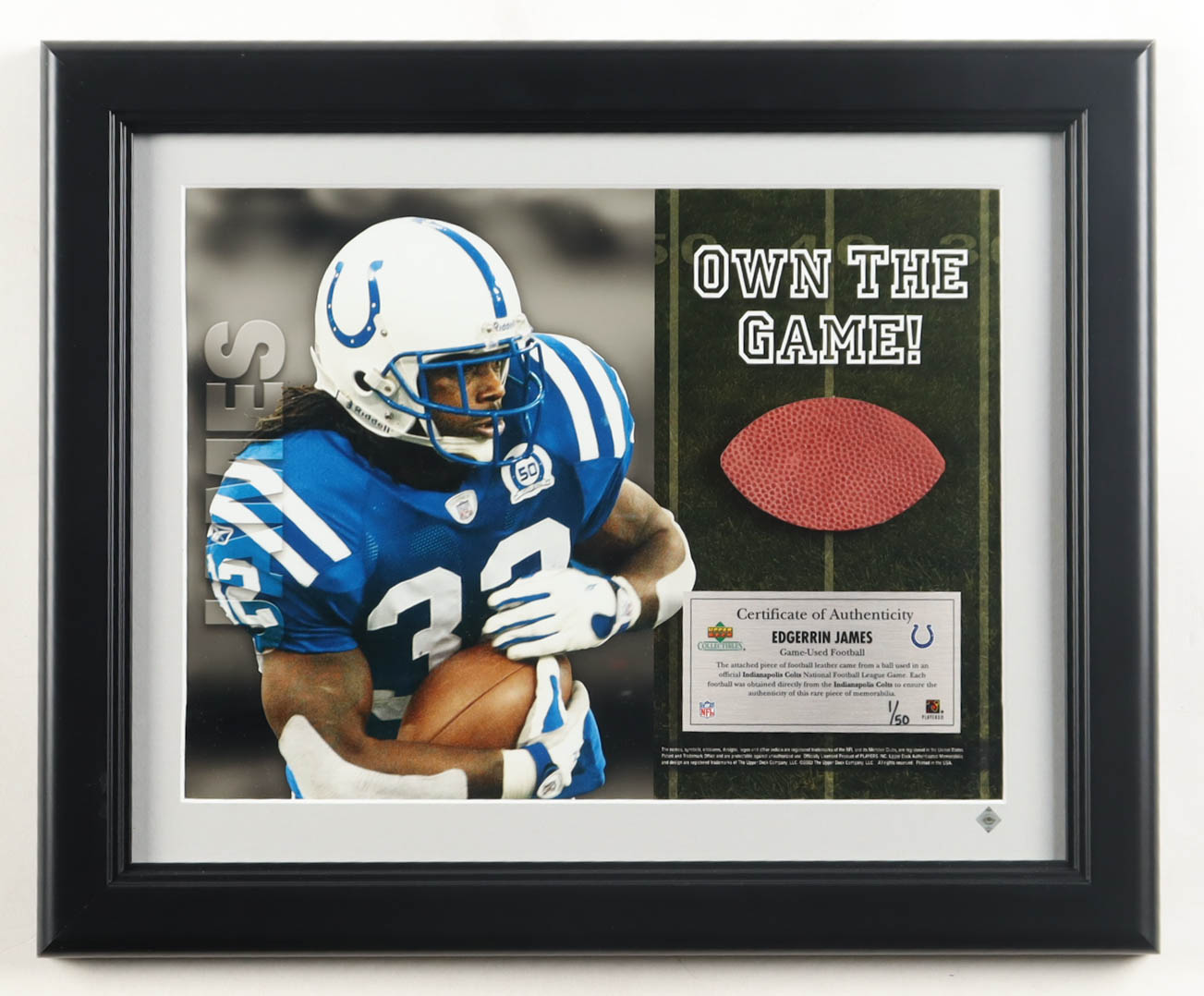 Edgerrin James LE Colts Custom Framed Photo Display with Game-Used Football Piece (UDA) at PristineAuction.com Edgerrin James LE Colts Custom Framed Photo Display with Game-Used Football Piece (UDA) at PristineAuction.com