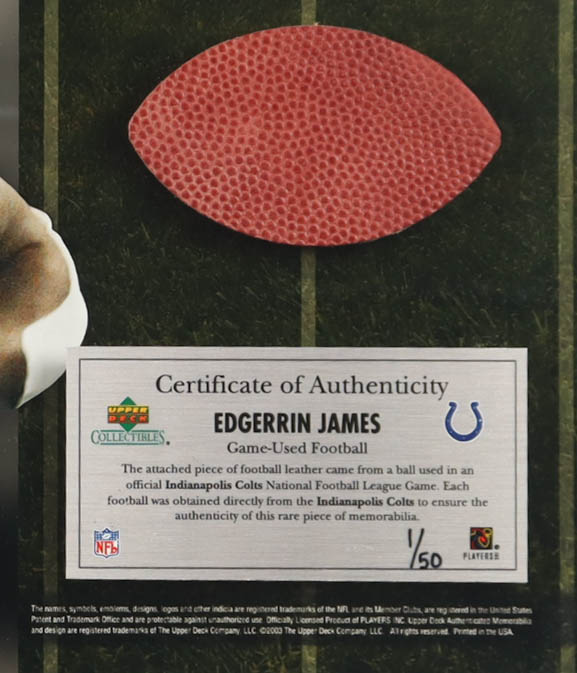 Edgerrin James LE Colts Custom Framed Photo Display with Game-Used Football Piece (UDA) at PristineAuction.com Edgerrin James LE Colts Custom Framed Photo Display with Game-Used Football Piece (UDA) at PristineAuction.com