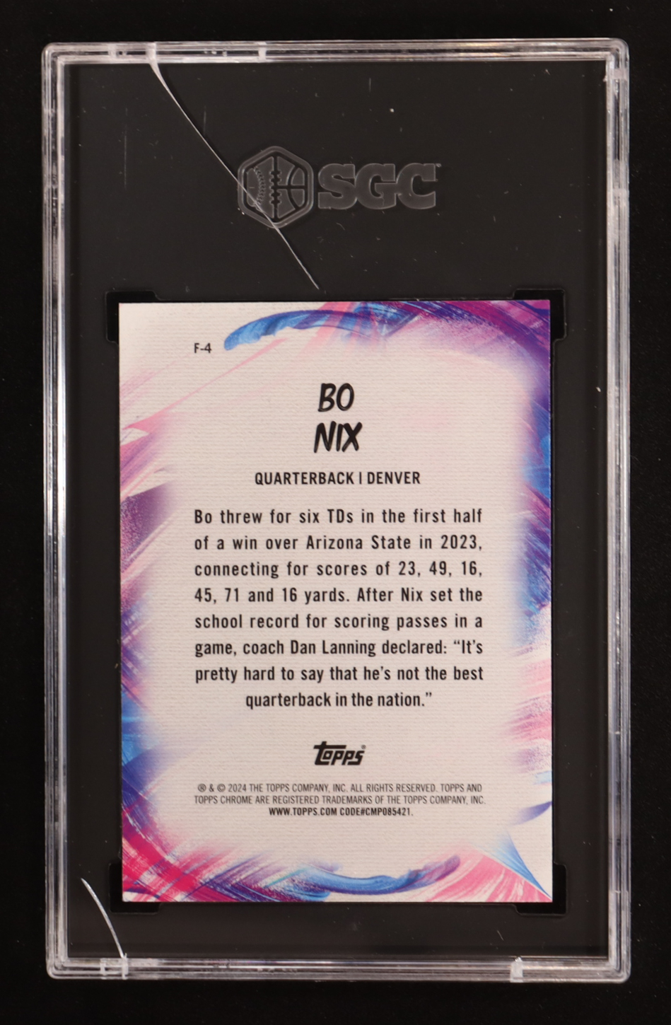 Bo Nix 2024 Topps Chrome Finesse Pink Refractors #F4 RC (SGC 10) at PristineAuction.com Bo Nix 2024 Topps Chrome Finesse Pink Refractors #F4 RC (SGC 10) at PristineAuction.com