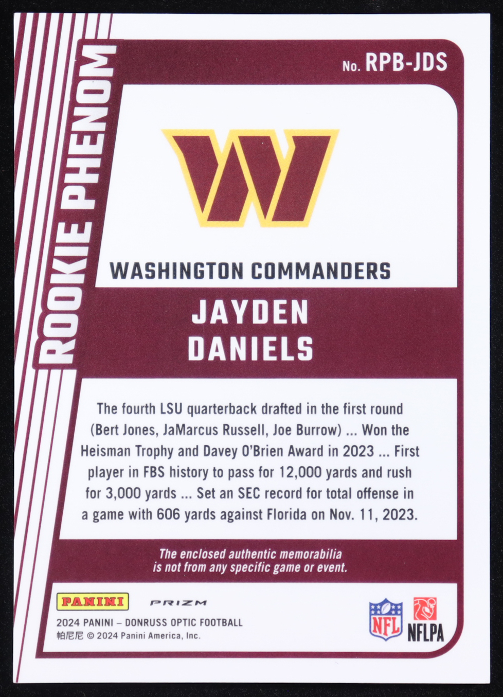 Jayden Daniels 2024 Donruss Optic Rookie Phenoms Blue Hyper #17 RC at PristineAuction.com Jayden Daniels 2024 Donruss Optic Rookie Phenoms Blue Hyper #17 RC at PristineAuction.com