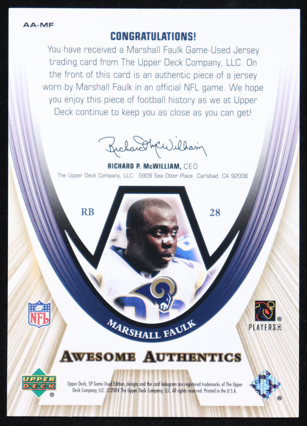 Marshall Faulk 2004 SP Game Used Edition Awesome Authentics #AAMF #071/100 at PristineAuction.com Marshall Faulk 2004 SP Game Used Edition Awesome Authentics #AAMF #071/100 at PristineAuction.com