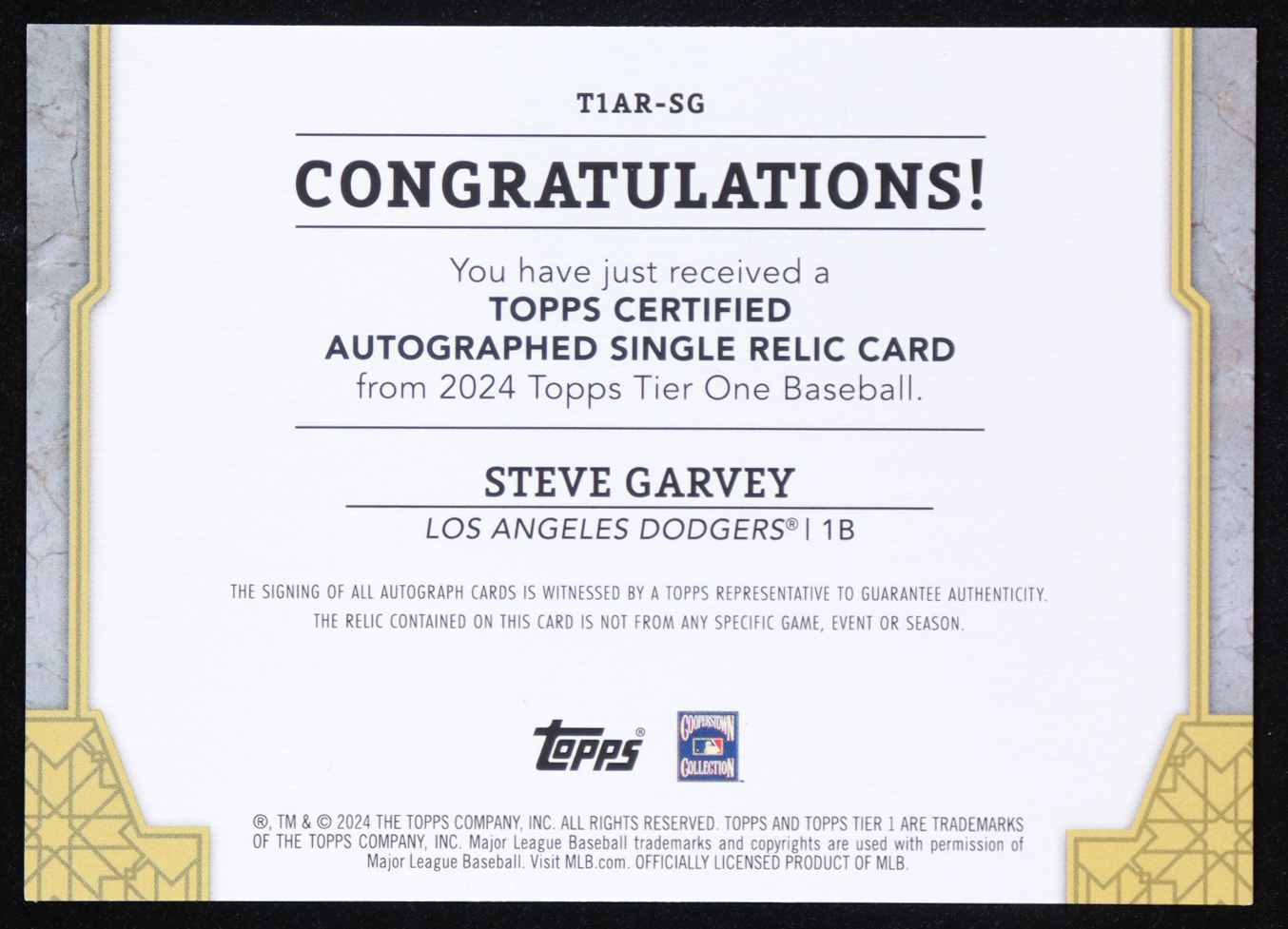 Steve Garvey 2024 Topps Tier One Autograph Relics #T1ARSG #085/199 at PristineAuction.com Steve Garvey 2024 Topps Tier One Autograph Relics #T1ARSG #085/199 at PristineAuction.com