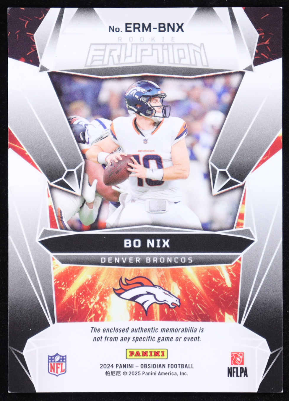 Bo Nix 2024 Panini Obsidian Rookie Eruption Materials Contra #4 RC at PristineAuction.com Bo Nix 2024 Panini Obsidian Rookie Eruption Materials Contra #4 RC at PristineAuction.com