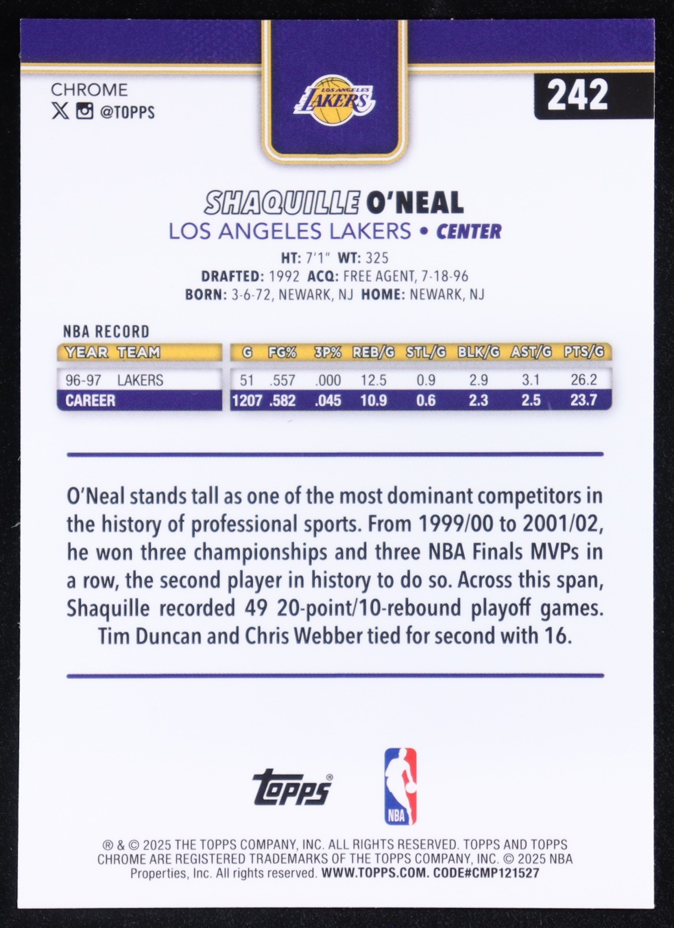 Shaquille O'Neal 2025-26 Topps Chrome RayWave Aqua Refractors #242 #174/199 at PristineAuction.com Shaquille O'Neal 2025-26 Topps Chrome RayWave Aqua Refractors #242 #174/199 at PristineAuction.com