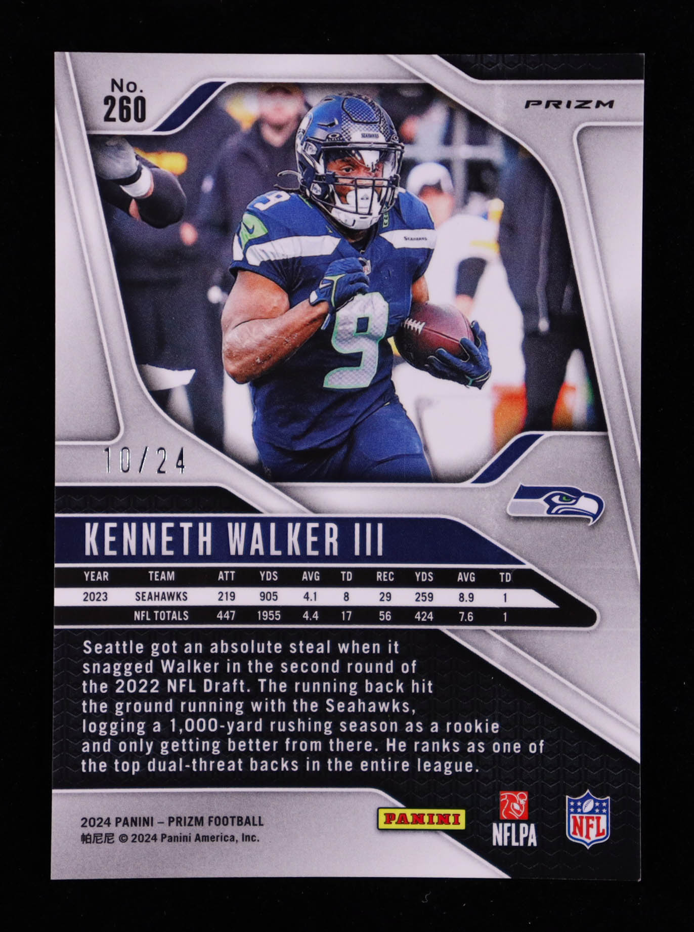 Kenneth Walker III 2024 Panini Prizm Prizms Gold Sparkle #260 #10/24 at PristineAuction.com Kenneth Walker III 2024 Panini Prizm Prizms Gold Sparkle #260 #10/24 at PristineAuction.com