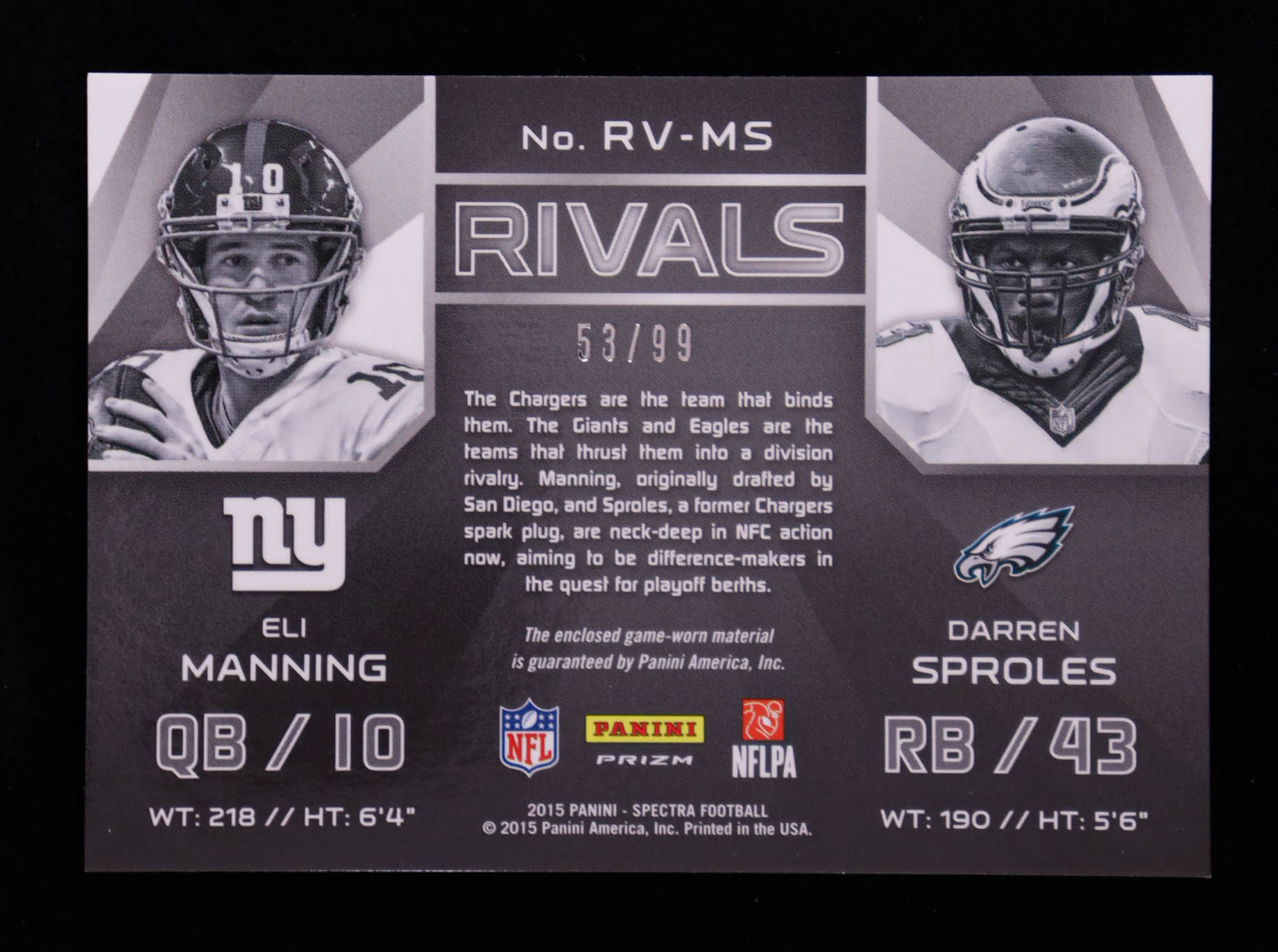 Darren Sproles / Eli Manning 2015 Panini Spectra Rivals Jerseys #RVMS #53/99 at PristineAuction.com Darren Sproles / Eli Manning 2015 Panini Spectra Rivals Jerseys #RVMS #53/99 at PristineAuction.com