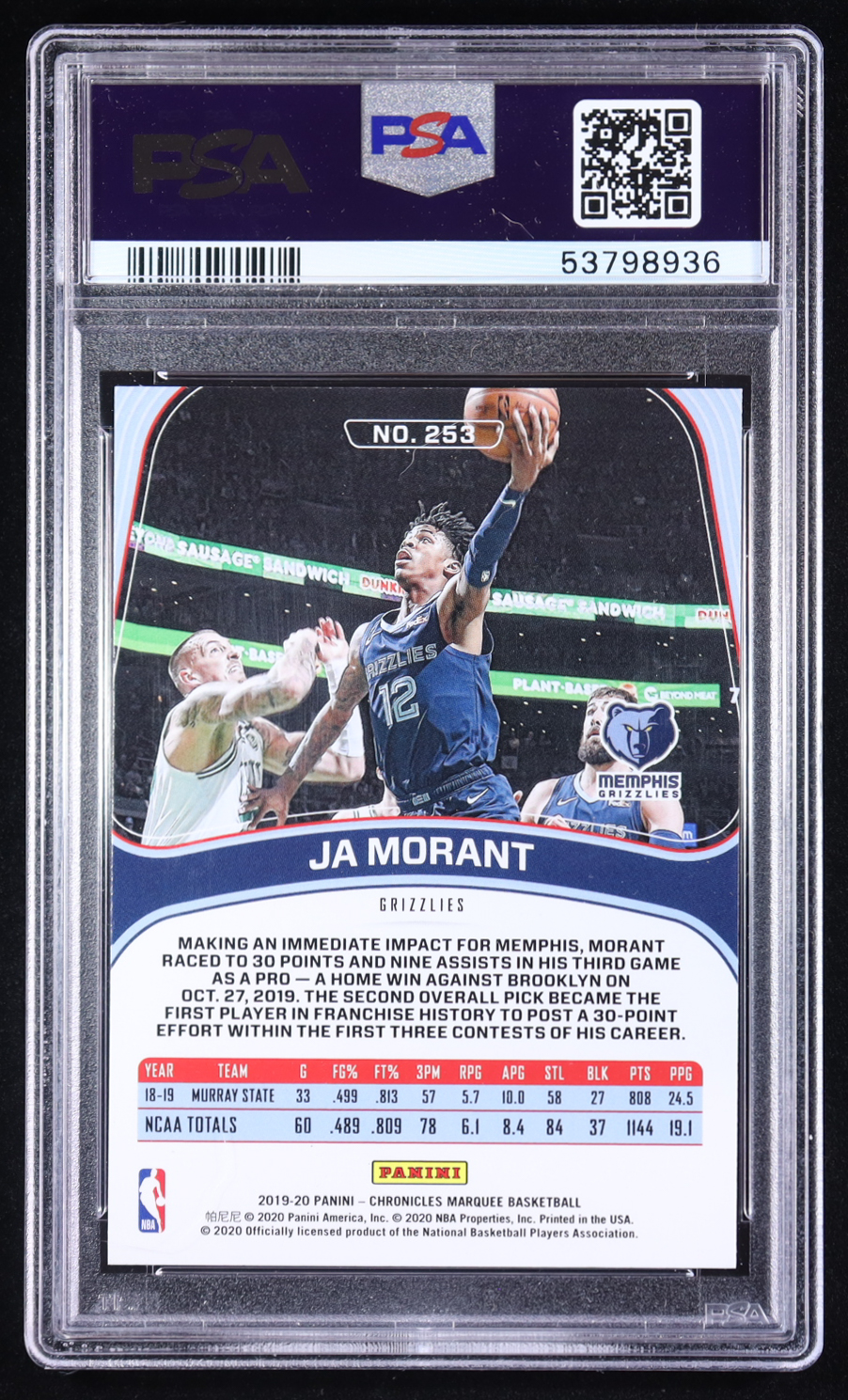 Ja Morant 2019-20 Panini Chronicles Teal #253 RC (PSA 10) at PristineAuction.com Ja Morant 2019-20 Panini Chronicles Teal #253 RC (PSA 10) at PristineAuction.com