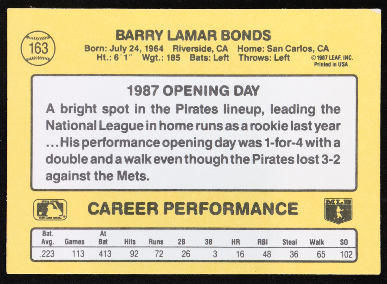 Barry Bonds 1987 Donruss Opening Day COR #163B at PristineAuction.com Barry Bonds 1987 Donruss Opening Day COR #163B at PristineAuction.com