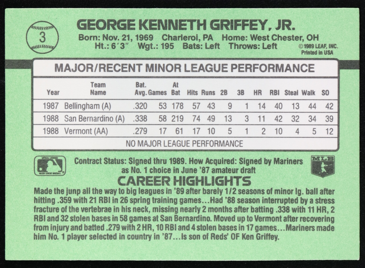 Ken Griffey Jr. 1989 Donruss Rookies #3 RC at PristineAuction.com Ken Griffey Jr. 1989 Donruss Rookies #3 RC at PristineAuction.com