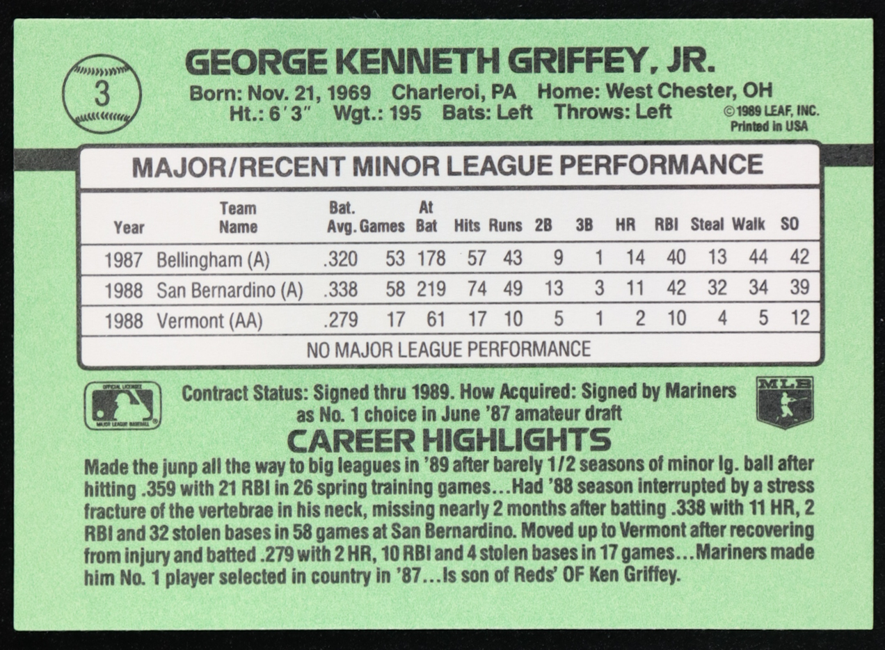 Ken Griffey Jr. 1989 Donruss Rookies #3 RC at PristineAuction.com Ken Griffey Jr. 1989 Donruss Rookies #3 RC at PristineAuction.com