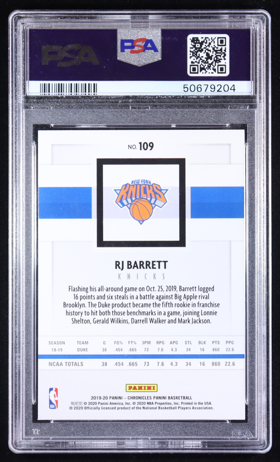 RJ Barrett 2019-20 Panini Chronicles #109 RC (PSA 10) at PristineAuction.com RJ Barrett 2019-20 Panini Chronicles #109 RC (PSA 10) at PristineAuction.com