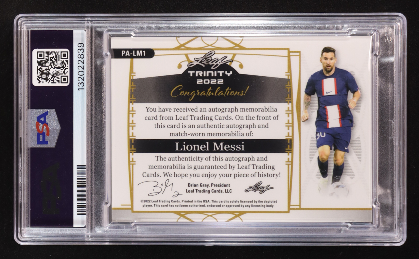 Lionel Messi 2022 Leaf Trinity Match-Worn Patch Autographs Silver Foil #PALM1 #20/35 (PSA Authentic | Autograph Graded PSA 10) at PristineAuction.com Lionel Messi 2022 Leaf Trinity Match-Worn Patch Autographs Silver Foil #PALM1 #20/35 (PSA Authentic | Autograph Graded PSA 10) at PristineAuction.com
