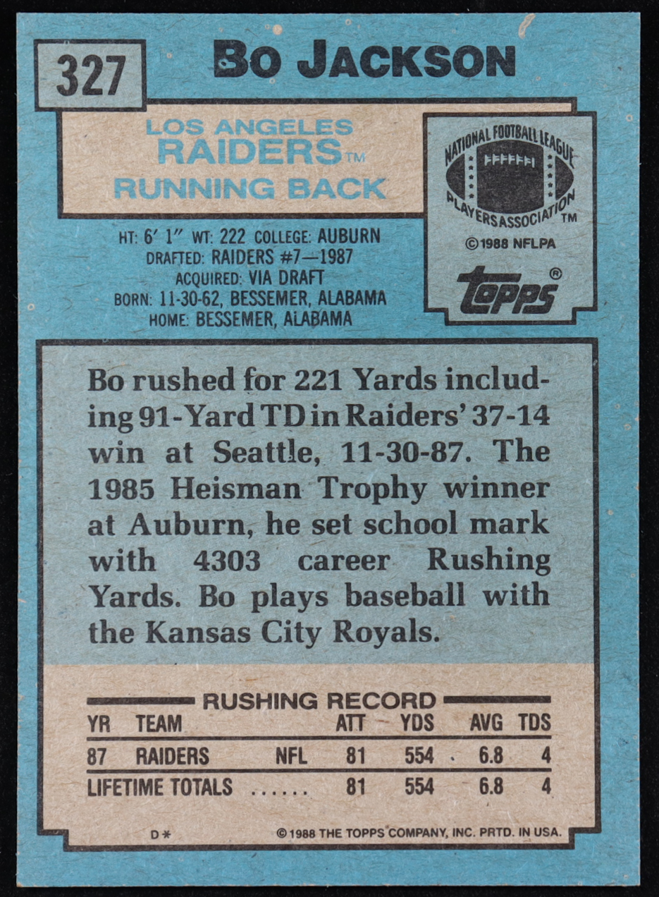 Bo Jackson 1988 Topps #327 SR RC at PristineAuction.com Bo Jackson 1988 Topps #327 SR RC at PristineAuction.com