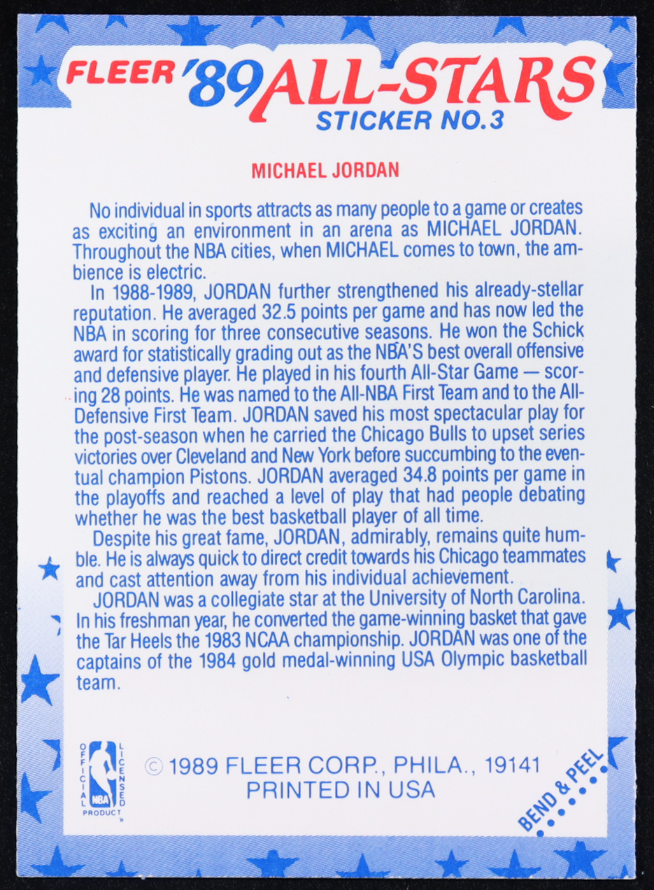Michael Jordan 1989-90 Fleer Stickers #3 at PristineAuction.com Michael Jordan 1989-90 Fleer Stickers #3 at PristineAuction.com