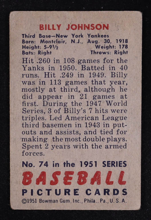 Billy Johnson 1951 Bowman #74 at PristineAuction.com Billy Johnson 1951 Bowman #74 at PristineAuction.com