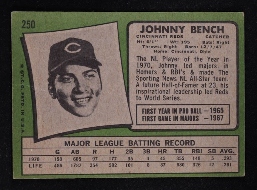 Johnny Bench 1971 Topps #250 at PristineAuction.com Johnny Bench 1971 Topps #250 at PristineAuction.com