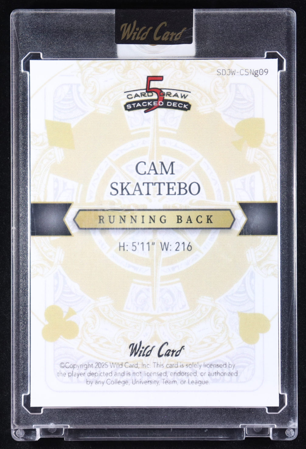 Cam Skattebo 2025 Wild Card 5 Card Draw Stacked Deck Joker #CSNg09 #1/1 RC at PristineAuction.com Cam Skattebo 2025 Wild Card 5 Card Draw Stacked Deck Joker #CSNg09 #1/1 RC at PristineAuction.com