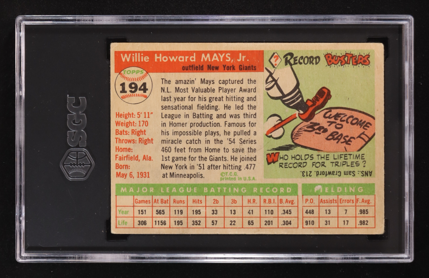 Willie Mays 1955 Topps #194 (SGC 1) at PristineAuction.com Willie Mays 1955 Topps #194 (SGC 1) at PristineAuction.com