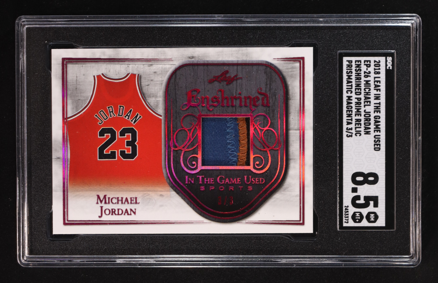 Michael Jordan 2018 Leaf In The Game Used Enshrined Prime Relic Prismatic Magenta Game-Used #EP26 #3/3 (SGC 8.5) at PristineAuction.com Michael Jordan 2018 Leaf In The Game Used Enshrined Prime Relic Prismatic Magenta Game-Used #EP26 #3/3 (SGC 8.5) at PristineAuction.com