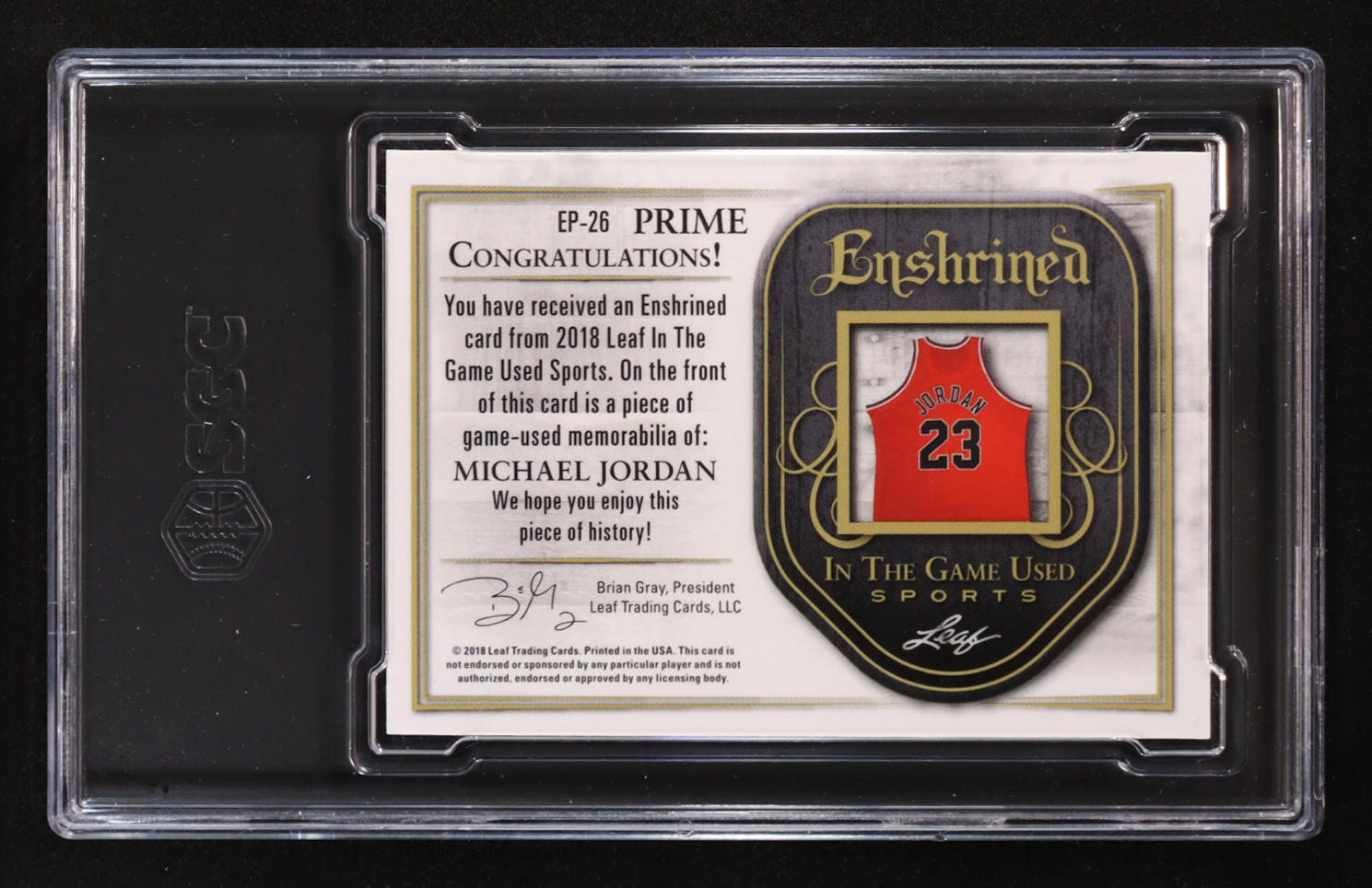 Michael Jordan 2018 Leaf In The Game Used Enshrined Prime Relic Prismatic Magenta Game-Used #EP26 #3/3 (SGC 8.5) at PristineAuction.com Michael Jordan 2018 Leaf In The Game Used Enshrined Prime Relic Prismatic Magenta Game-Used #EP26 #3/3 (SGC 8.5) at PristineAuction.com