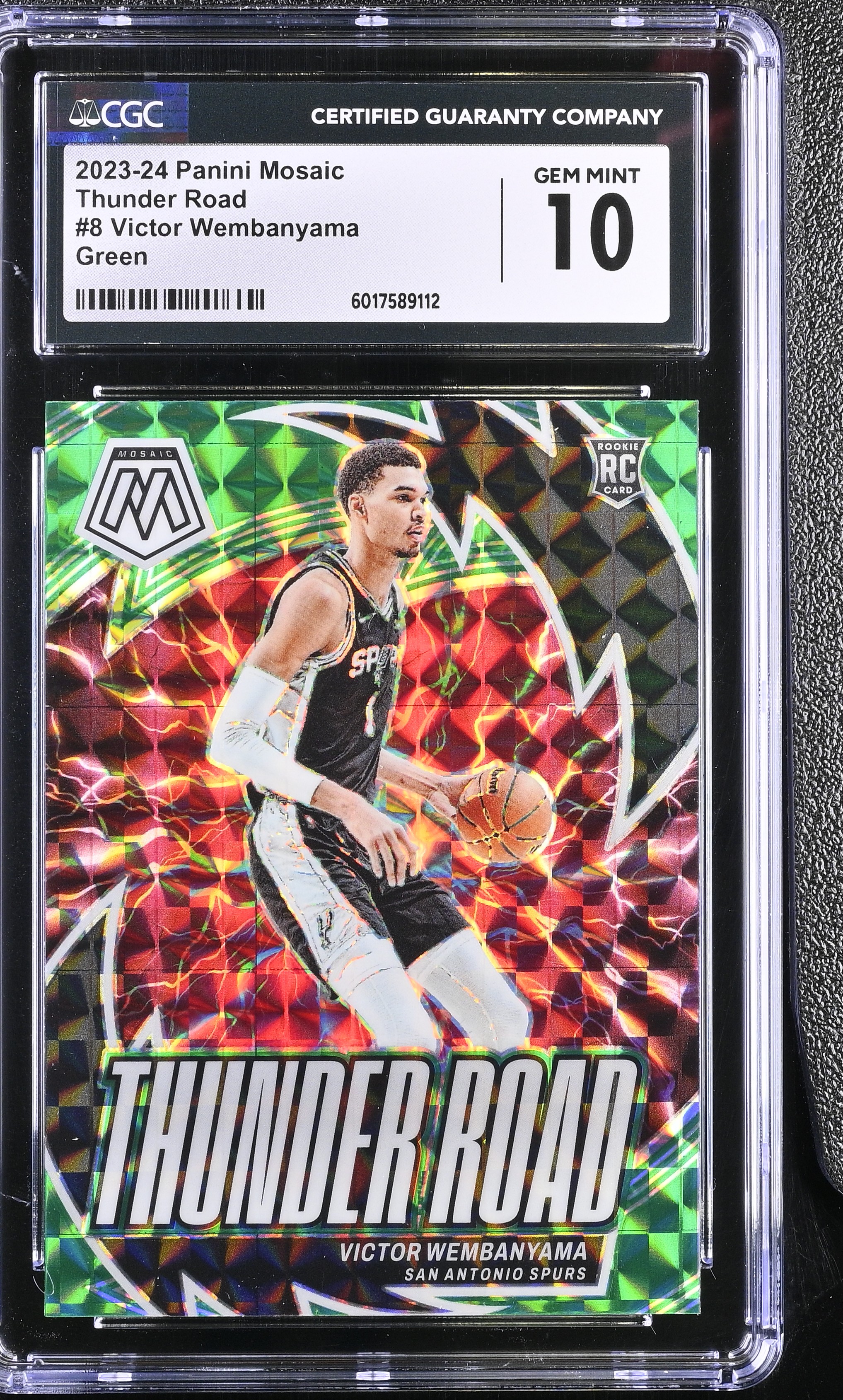 Victor Wembanyama 2023-24 Panini Mosaic Thunder Road Green #8 RC (CGC 10) at PristineAuction.com Victor Wembanyama 2023-24 Panini Mosaic Thunder Road Green #8 RC (CGC 10) at PristineAuction.com