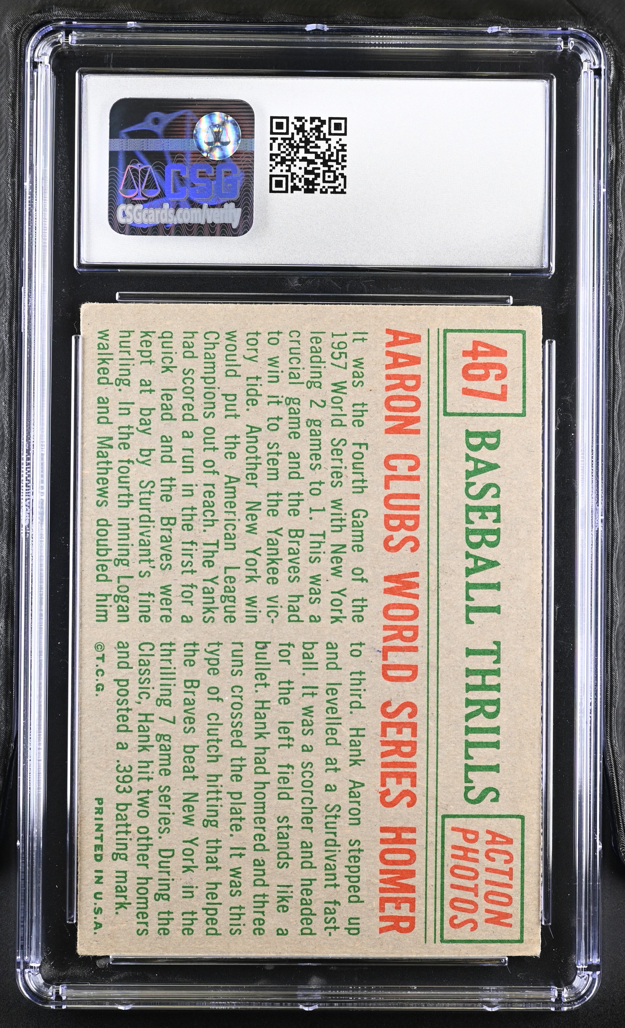 Hank Aaron 1959 Topps Aaron Clubs World Series Homer #467 (CSG 5) at PristineAuction.com Hank Aaron 1959 Topps Aaron Clubs World Series Homer #467 (CSG 5) at PristineAuction.com
