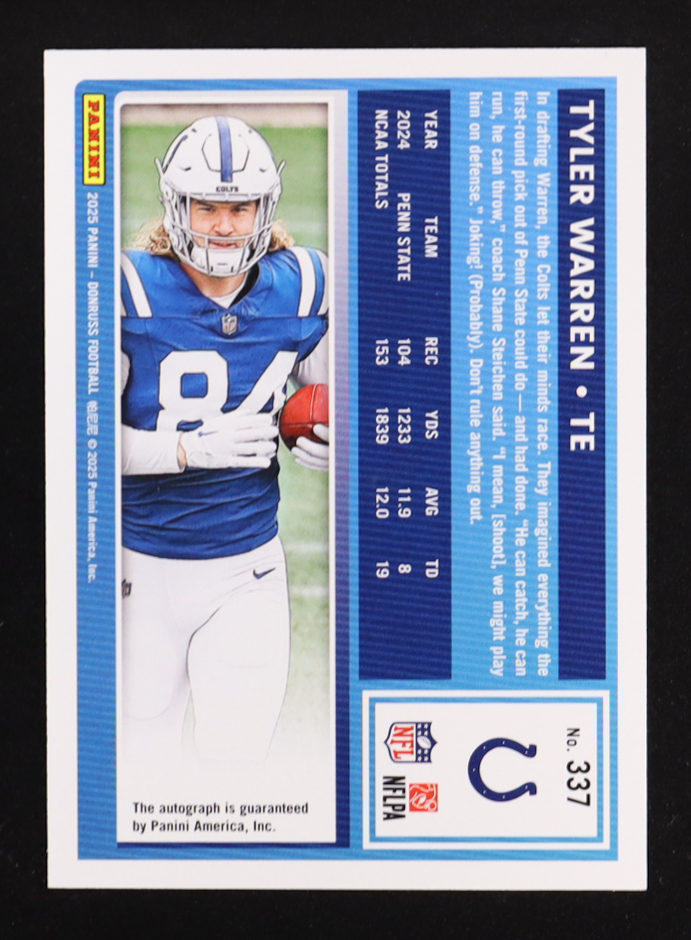 Tyler Warren 2025 Donruss Rated Rookies Autographs Green #337 RC at PristineAuction.com Tyler Warren 2025 Donruss Rated Rookies Autographs Green #337 RC at PristineAuction.com