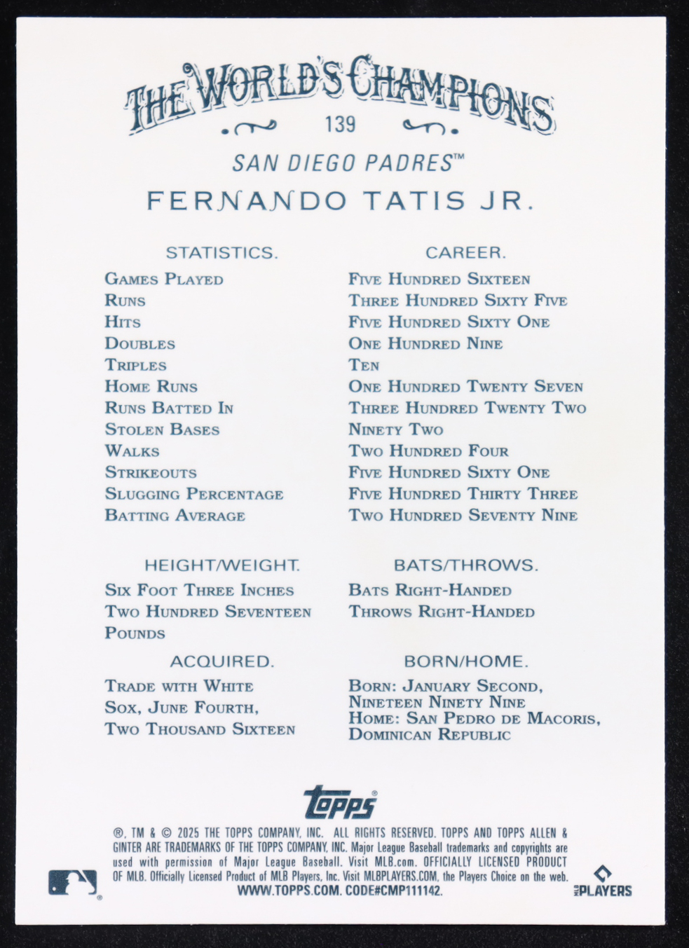 Fernando Tatis Jr. 2025 Topps Allen and Ginter Chrome Green Refractors #139 #57/99 at PristineAuction.com Fernando Tatis Jr. 2025 Topps Allen and Ginter Chrome Green Refractors #139 #57/99 at PristineAuction.com