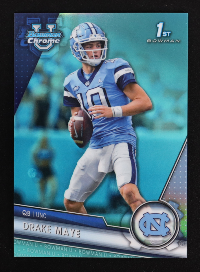 Drake Maye 2023 Bowman Chrome University Aqua Refractors #200 RC #198/299 at PristineAuction.com Drake Maye 2023 Bowman Chrome University Aqua Refractors #200 RC #198/299 at PristineAuction.com