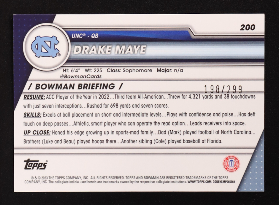 Drake Maye 2023 Bowman Chrome University Aqua Refractors #200 RC #198/299 at PristineAuction.com Drake Maye 2023 Bowman Chrome University Aqua Refractors #200 RC #198/299 at PristineAuction.com