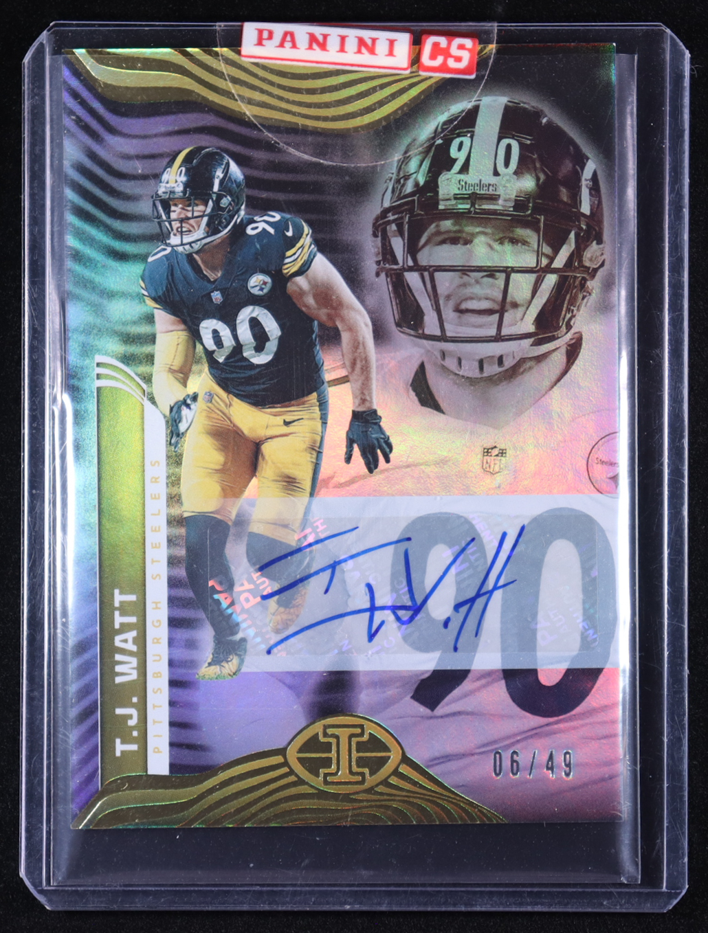 T.J. Watt 2022 Panini Illusions Trophy Collection Signatures #85 #06/49 at PristineAuction.com T.J. Watt 2022 Panini Illusions Trophy Collection Signatures #85 #06/49 at PristineAuction.com