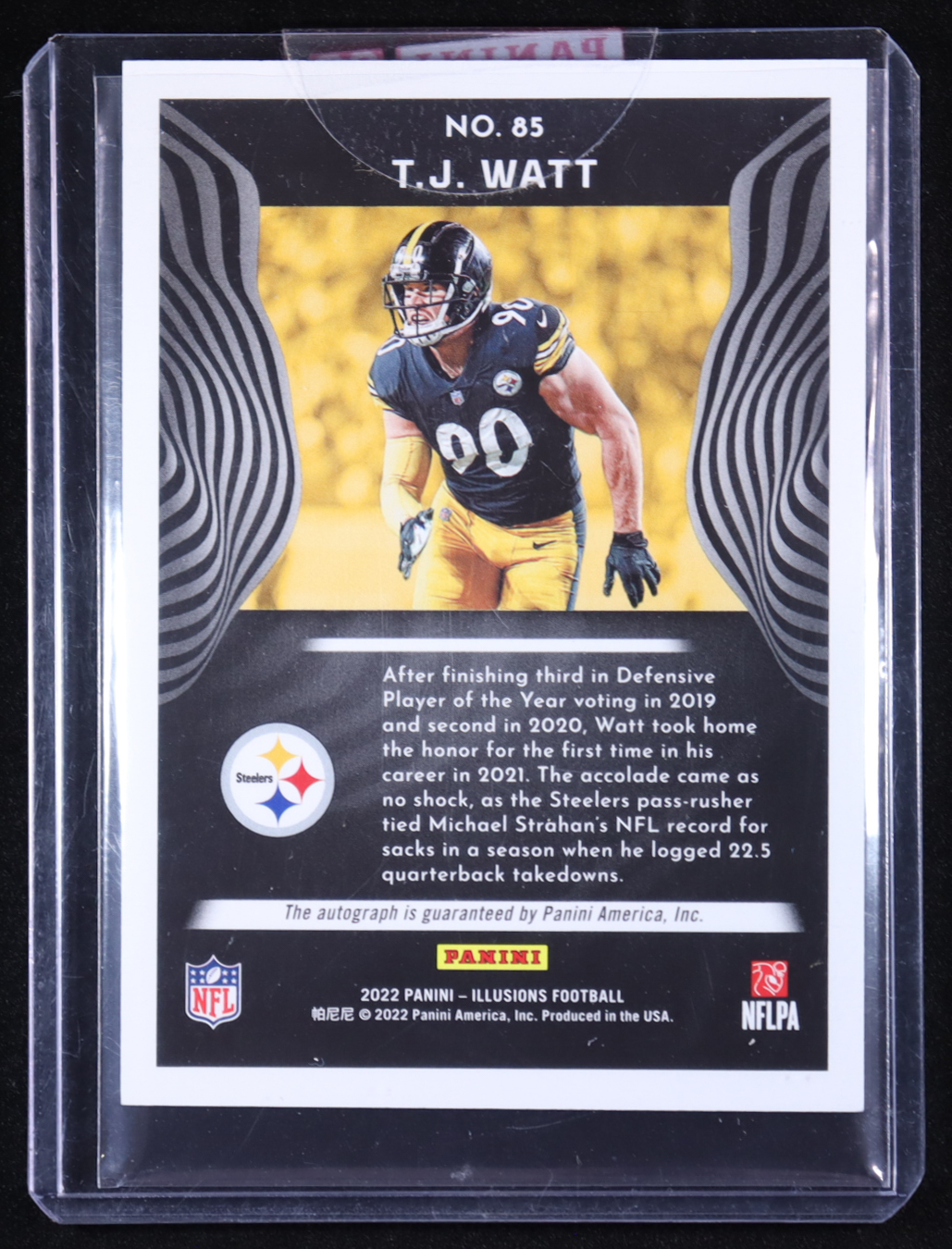 T.J. Watt 2022 Panini Illusions Trophy Collection Signatures #85 #06/49 at PristineAuction.com T.J. Watt 2022 Panini Illusions Trophy Collection Signatures #85 #06/49 at PristineAuction.com