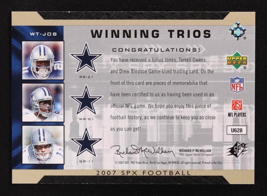 Julius Jones / Terrell Owens / Drew Bledsoe 2007 SPx Winning Trios Jerseys #JOB at PristineAuction.com Julius Jones / Terrell Owens / Drew Bledsoe 2007 SPx Winning Trios Jerseys #JOB at PristineAuction.com