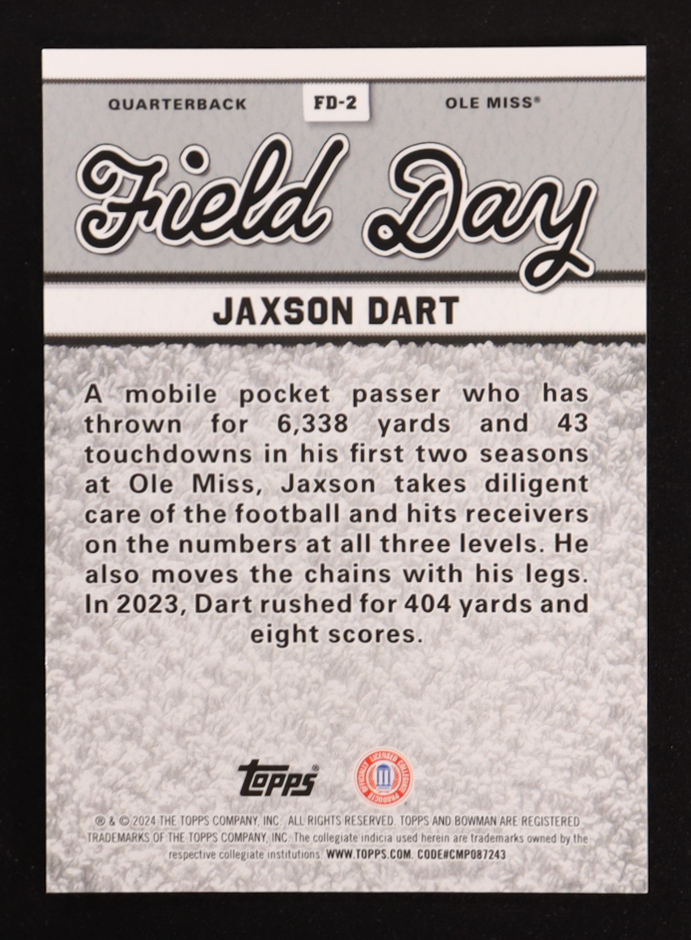 Jaxson Dart 2024 Bowman's Best University Field Day Orange Refractors #FD2 RC #12/25 at PristineAuction.com Jaxson Dart 2024 Bowman's Best University Field Day Orange Refractors #FD2 RC #12/25 at PristineAuction.com