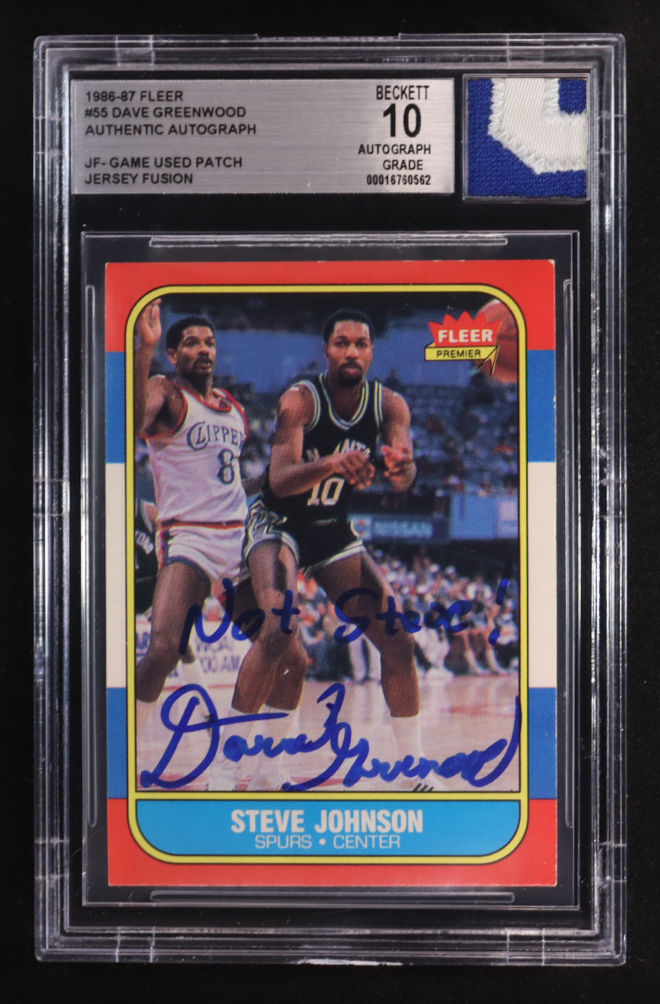 Steve Johnson Signed 1986-87 Fleer #55 RC UER (photo actually David Greenwood) Inscribed "Not Steve!" with Game-Used Patch (BGS | Autograph Graded 10) at PristineAuction.com Steve Johnson Signed 1986-87 Fleer #55 RC UER (photo actually David Greenwood) Inscribed "Not Steve!" with Game-Used Patch (BGS | Autograph Graded 10) at PristineAuction.com