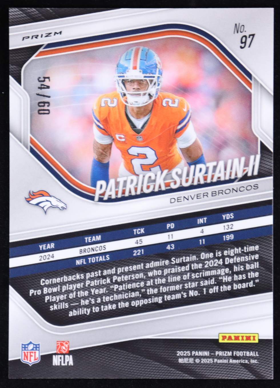 Patrick Surtain II 2025 Panini Prizm LX #97 #54/60 at PristineAuction.com Patrick Surtain II 2025 Panini Prizm LX #97 #54/60 at PristineAuction.com