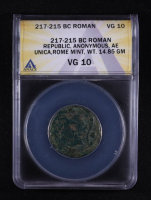 (c.217-215 B.C.) Roman Republic, Anomymous Moneyer AE Unica (14.85gms) Rome Mint Ancient Coin (ANACS VG10) at PristineAuction.com