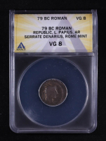 L. Papius Moneyer (79 B.C.) Roman Republic AR Serrate Denarius Rome Mint Ancient Coin (ANACS VG08) at PristineAuction.com