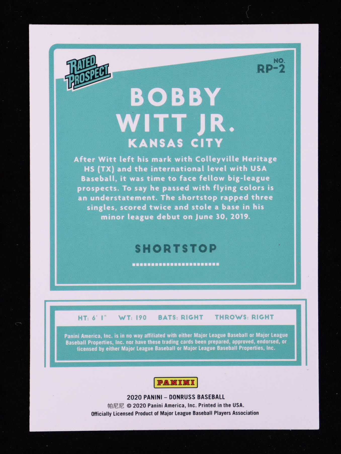 Bobby Witt Jr. 2020 Donruss Rated Prospects Pink Fireworks #2 RC at PristineAuction.com Bobby Witt Jr. 2020 Donruss Rated Prospects Pink Fireworks #2 RC at PristineAuction.com