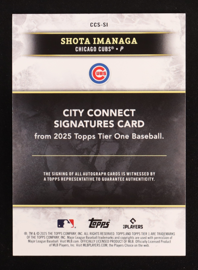 Shota Imanaga 2025 Topps Tier One City Connect Signatures Holo Silver Foil #CCSSI #2/10 at PristineAuction.com Shota Imanaga 2025 Topps Tier One City Connect Signatures Holo Silver Foil #CCSSI #2/10 at PristineAuction.com