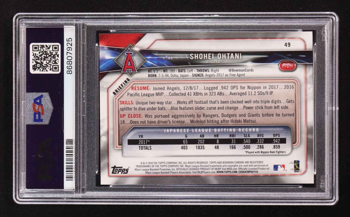 Shohei Ohtani 2018 Bowman #49 RC (PSA 9) at PristineAuction.com Shohei Ohtani 2018 Bowman #49 RC (PSA 9) at PristineAuction.com