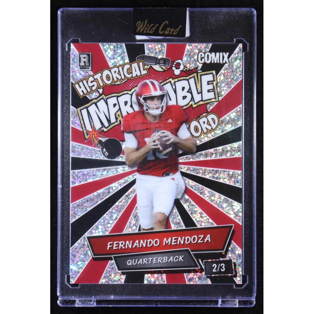 Fernando Mendoza 2025 Wild Card Comix Historical Improbable Record Black and Red Sparkle #FM01 RC #2/3 at PristineAuction.com