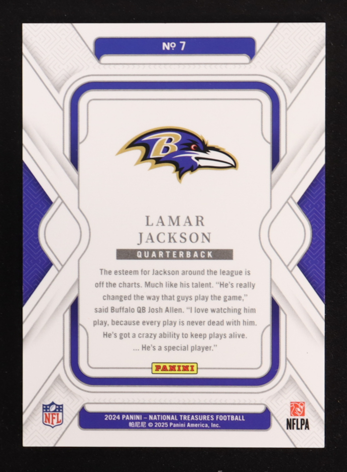 Lamar Jackson 2024 Panini National Treasures Jersey Number Red #7 #5/8 at PristineAuction.com Lamar Jackson 2024 Panini National Treasures Jersey Number Red #7 #5/8 at PristineAuction.com