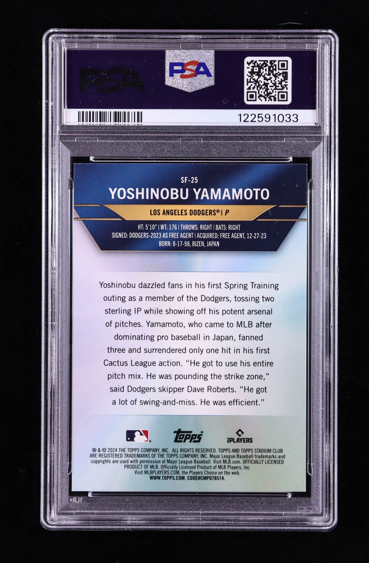 Yoshinobu Yamamoto 2024 Stadium Club Special Forces #SF25 RC (PSA 9) at PristineAuction.com Yoshinobu Yamamoto 2024 Stadium Club Special Forces #SF25 RC (PSA 9) at PristineAuction.com