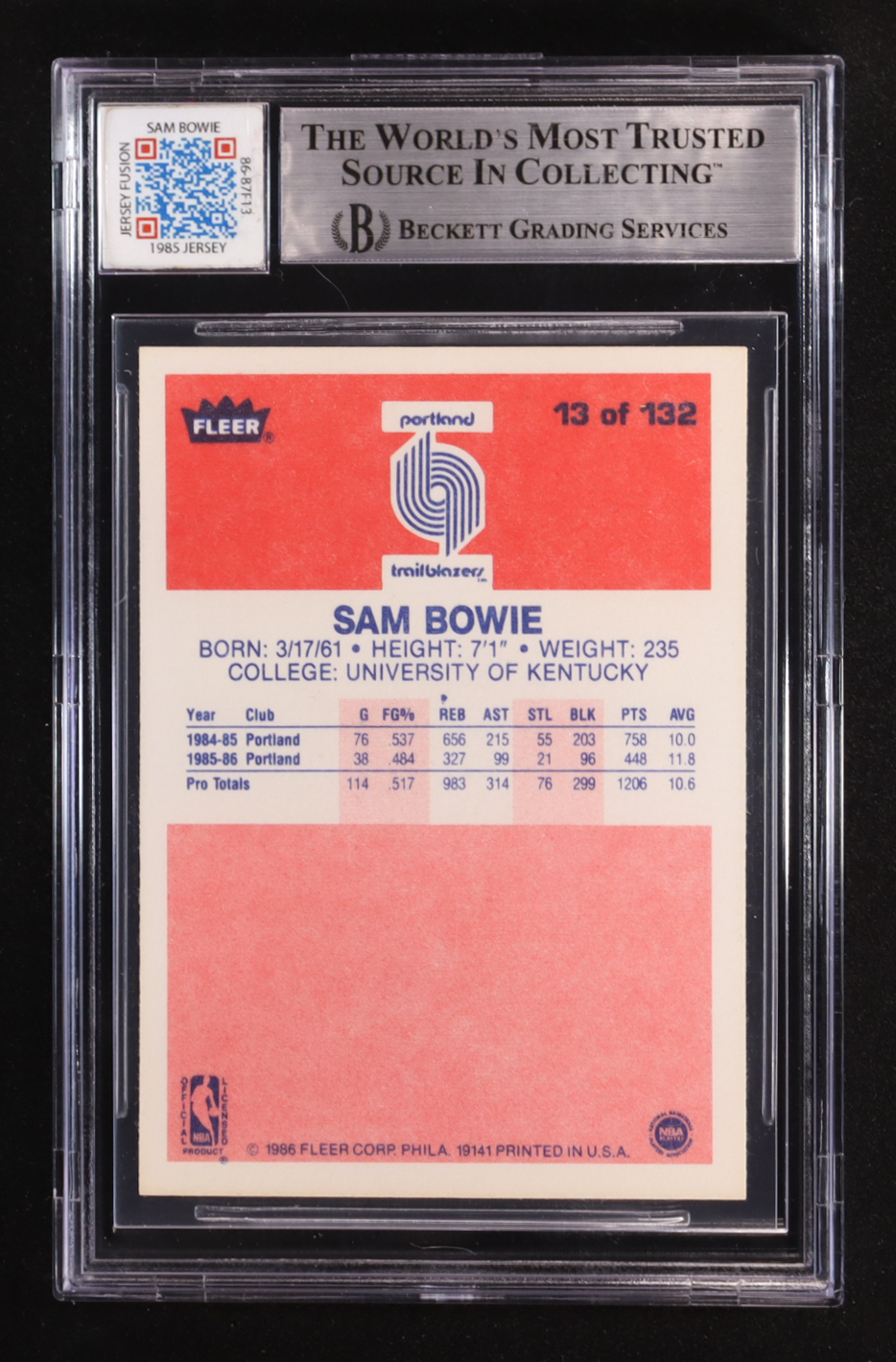 Sam Bowie Signed 1986-87 Fleer #13 RC with Game-Used Patch (BGS | Autographed Graded 10) at PristineAuction.com Sam Bowie Signed 1986-87 Fleer #13 RC with Game-Used Patch (BGS | Autographed Graded 10) at PristineAuction.com