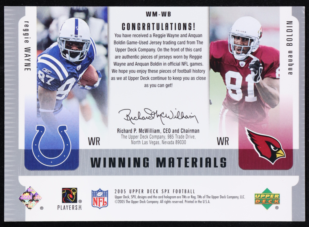 Reggie Wayne / Anquan Boldin 2005 SPx Winning Materials #WB at PristineAuction.com Reggie Wayne / Anquan Boldin 2005 SPx Winning Materials #WB at PristineAuction.com