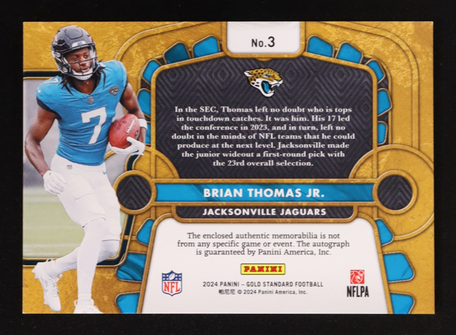 Brian Thomas Jr. 2024 Panini Gold Standard Rookie Jersey Autographs Triple #3 RC #70/149 at PristineAuction.com Brian Thomas Jr. 2024 Panini Gold Standard Rookie Jersey Autographs Triple #3 RC #70/149 at PristineAuction.com