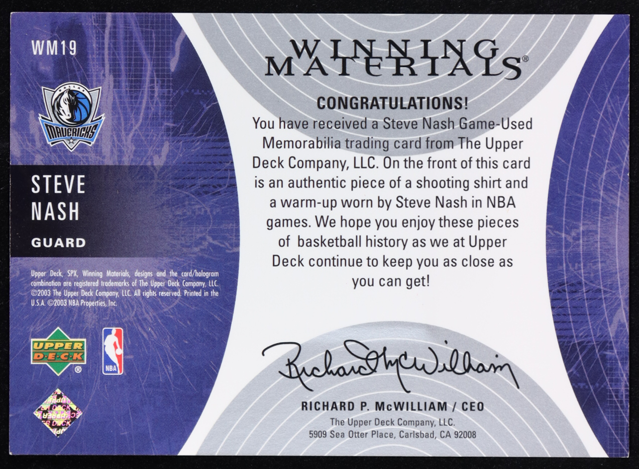 Steve Nash 2003-04 SPx Winning Materials #WM19 at PristineAuction.com Steve Nash 2003-04 SPx Winning Materials #WM19 at PristineAuction.com
